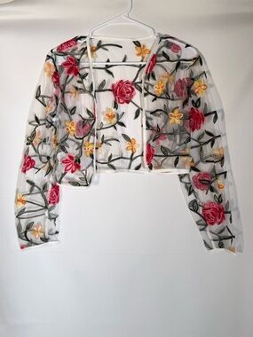 Embroidered Floral Sheer Cropped Jacket - White with Pink & Yellow Flowers